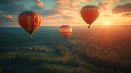 Fototapeta premium Hot air balloons float over a rural landscape with a vintage filter applied.