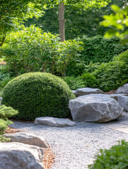Serene Japanese-Inspired Zen Garden With Lush Greenery and Smooth Stones : Generative AI