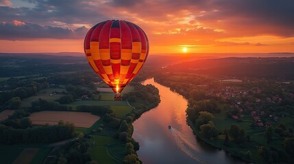 Obraz premium Hot air balloons soar over a rural landscape at sunset.