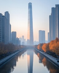 Fototapeta premium Modern skyscraper reflecting in calm water.