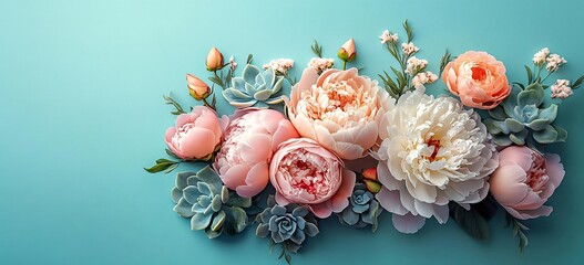 A stunning bouquet of peonies and succulents against a serene turquoise background, perfect for Mother's Day, spring sales, or floral-themed designs.