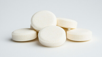 A pile of tablets isolated on a white background. Close up. 