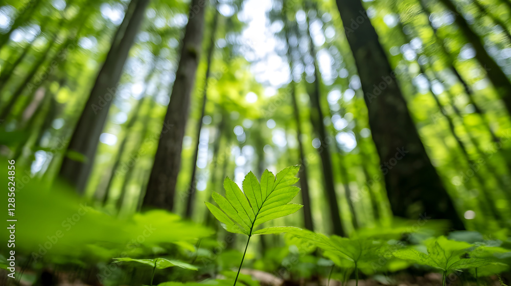 Poster serene forest landscape with sunlight filtering through lush green leaves creating a peaceful natura