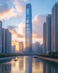Modern skyscraper reflecting on tranquil water.