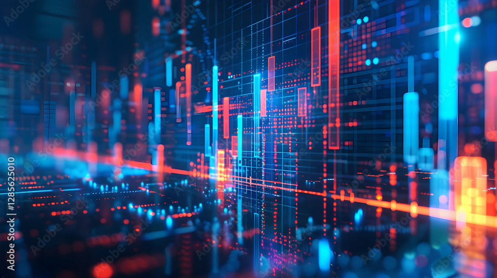 Poster abstract digital data visualization with vibrant blue and red lines representing information flow