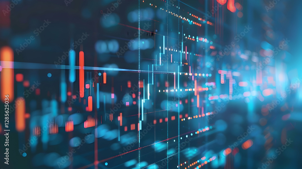 Poster abstract digital data visualization with colorful graphs and lines representing market trends