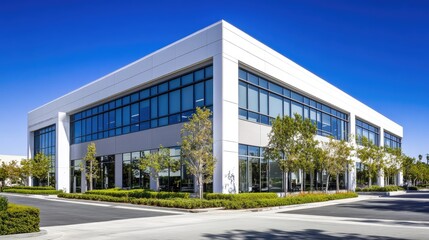 Modern office building in San Gabriel, California, showcasing a sleek white and gray exterior, adorned with large windows for abundant natural light, surrounded by meticulously manicured trees and shr