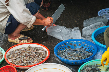 fresh shrimp and raw prawns at the seafood market in Asia