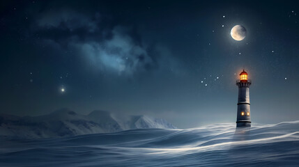 Lone Lighthouse Glowing in a Snowy, Starry Night with Crescent Moon

