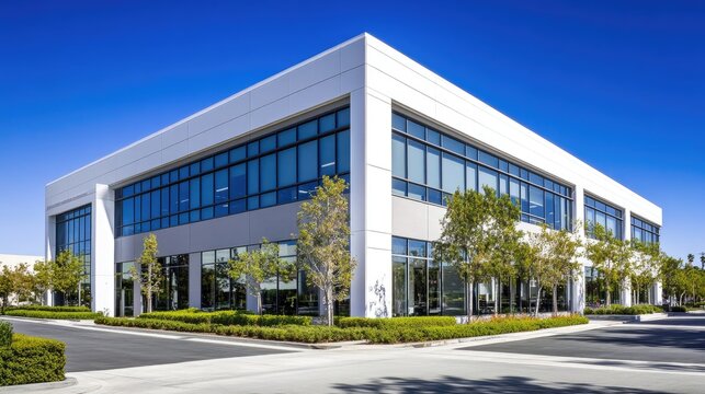 Modern office building in San Gabriel, California, showcasing a sleek white and gray exterior, adorned with large windows for abundant natural light, surrounded by meticulously manicured trees and shr