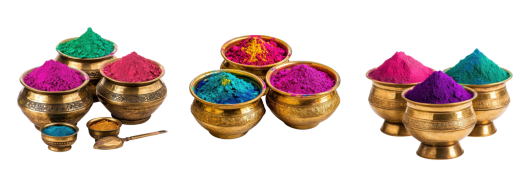 A Set of Stunning Brass Pots Adorned with Explosive Holi Colors, Captivatingly Displayed, Isolated on transparent Background - Powered by Adobe