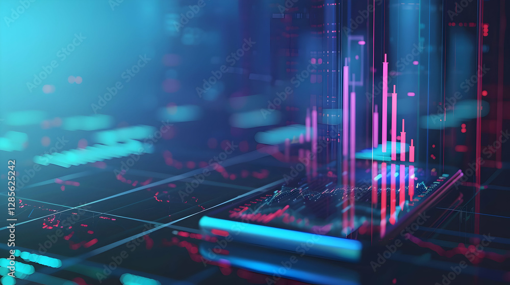 Poster futuristic smartphone displaying digital financial data with vibrant graphs in a tech-savvy environm