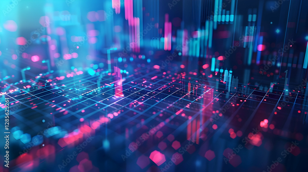 Poster abstract digital visualization of data trends with vibrant colors and grid patterns