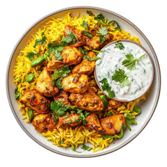 Fototapeta premium Aromatic and flavorful paneer biryani, made with basmati rice, spiced cottage cheese, and fragrant herbs. A delicious vegetarian meal option.