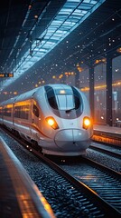 Fototapeta premium Modern train arriving at a snowy station.
