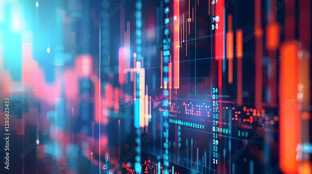 Poster abstract representation of financial market trends with colorful data visualizations and graphs