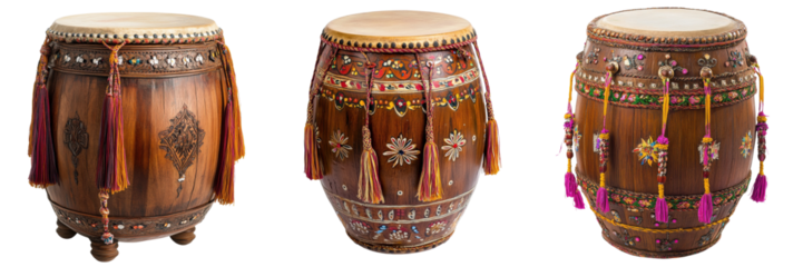 A Set of Dynamic Indian Drums Dhol Celebrating Holi Festivities with Timeless Rhythm and Vibrant Energy, Isolated on transparent Background