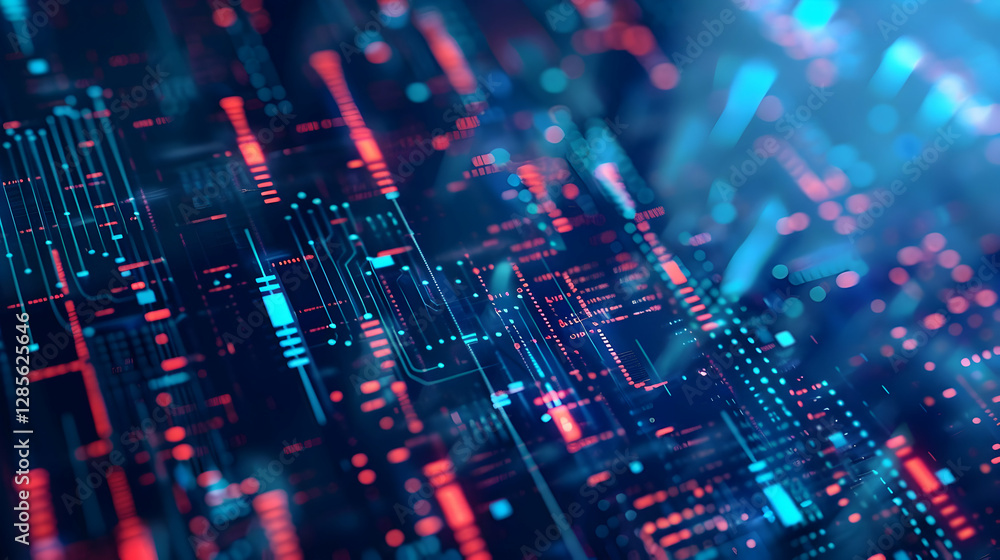 Wall mural abstract digital circuit board with glowing lines and nodes, representing technology and innovation