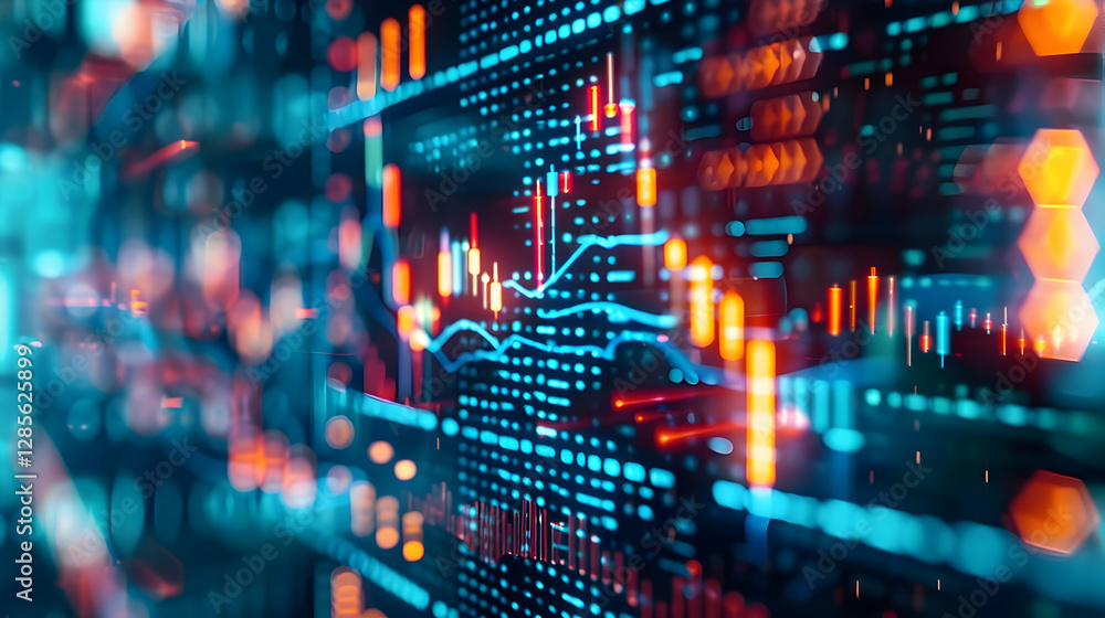 Poster abstract digital data visualization with colorful graphs and charts reflecting technology trends