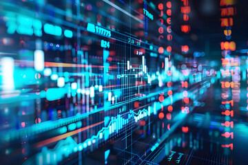 Obraz premium Abstract representation of digital financial data with glowing graphs and numbers in a futuristic setting