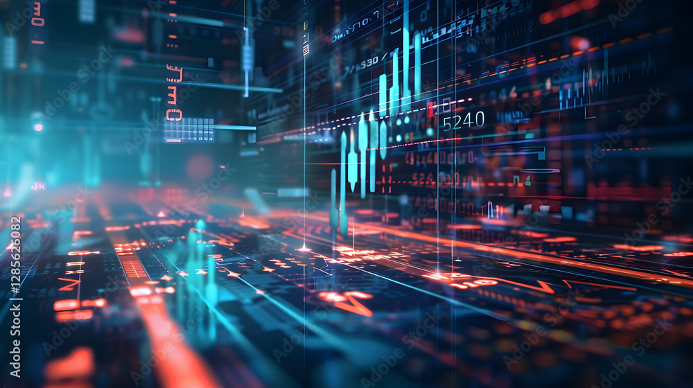 Poster abstract digital data visualization with glowing graphs and numbers in a futuristic setting