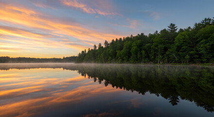 Serene Sunrise over Calm Lake with Misty Forest Reflections