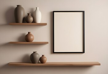 A wooden shelf with various ceramic vases and a blank framed artwork on the wall