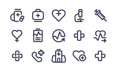 Medical and Healthcare linear icon. Duotone color. Containing medicine, hospital, treatment, healthcare, pills, clinic, heart, cardio. Pharmacy lab isolated icons set. 