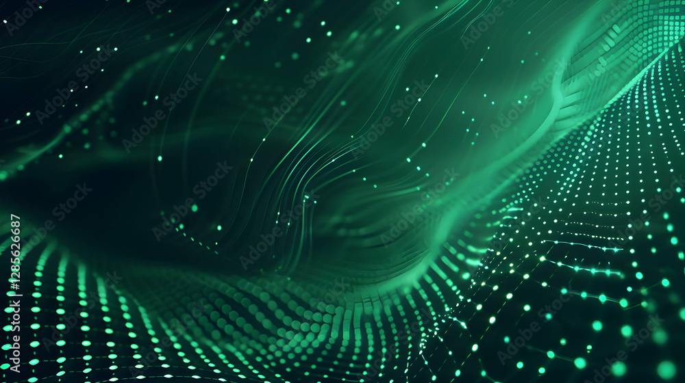 Poster abstract digital wave pattern with glowing green dots and flowing lines in a futuristic setting