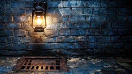 A Glimmer of Hope: An Old Lantern Illuminates a Rustic Brick Wall