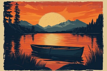 Serene mountain lake landscape with a solitary boat and vibrant sunset reflecting on calm water, surrounded by pine forests