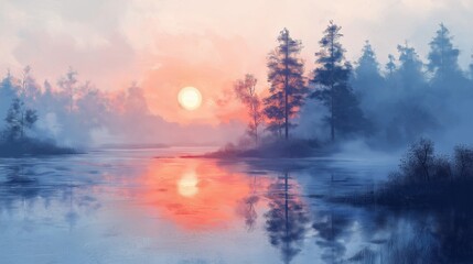 Fototapeta premium Serene sunrise over a misty lake with reflections of trees and vibrant colors in a tranquil forest landscape painting