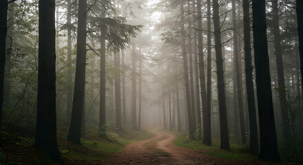 Obraz premium Misty Forest Path: A Serene Walk Through Tall Trees on a Foggy Morning