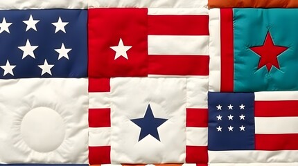 Patriotic patchwork quilt with stars and stripes motif. Diversity woven into unity, each piece contributes to the whole