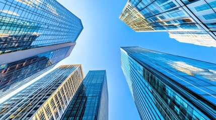 Fototapeta premium Modern city skyline with towering skyscrapers reflected in glass windows, clear blue sky, urban architecture, upward perspective, contemporary urban landscape, high-rise buildings, reflective surfaces