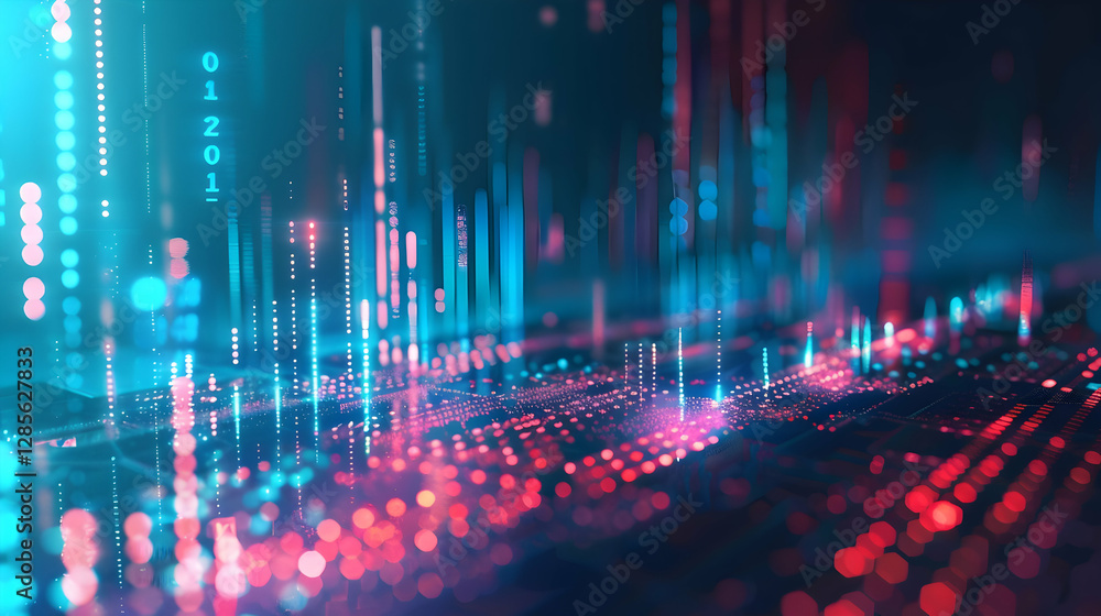 Poster abstract digital landscape with vibrant data streams and glowing binary code in a futuristic setting