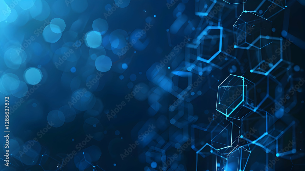 Poster abstract blue background with glowing geometric shapes creating a digital atmosphere