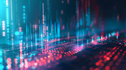 Abstract digital landscape with vibrant data streams and glowing binary code in a futuristic setting