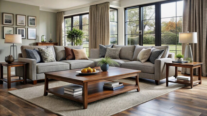 Modern Gray Sofa and Coffee Table Set in a Sunny Living Room