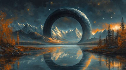 Surreal landscape featuring a giant ring structure with reflective lake amidst snow-capped mountains and glowing starry sky at dusk