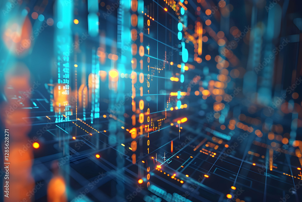 Poster abstract digital landscape showcasing vibrant data streams and glowing circuitry in a futuristic set