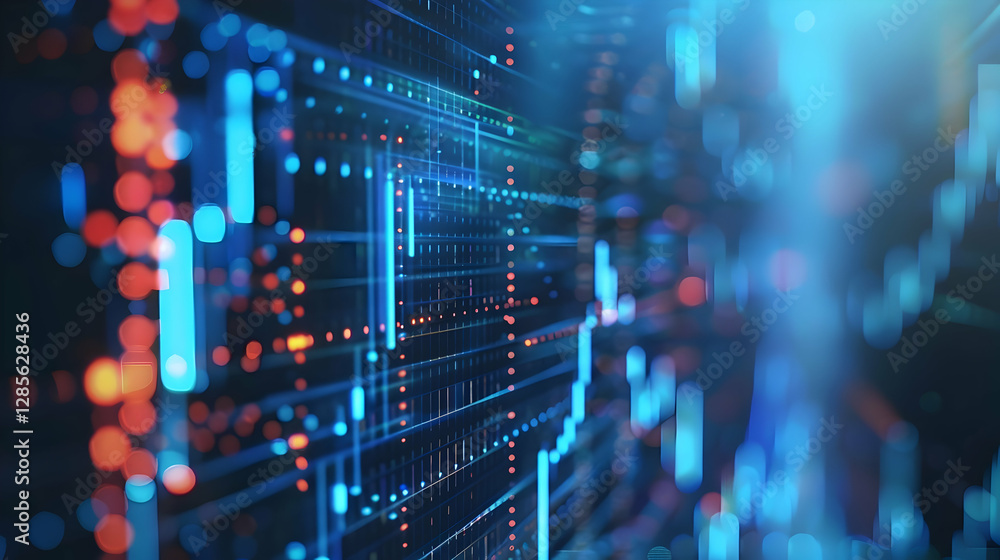 Poster abstract digital data visualization with vibrant lines and dots representing information flow