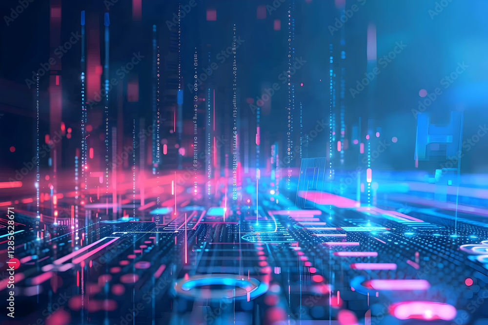 Aufkleber abstract digital landscape with vibrant neon lights and data streams in a futuristic setting