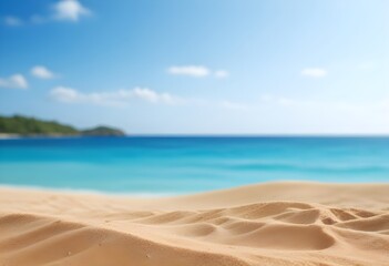 Fototapeta premium Sandy beach with turquoise ocean and blue sky in the background