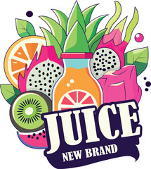 A vibrant illustration of a juice bottle surrounded by exotic fruits, including dragon fruit, kiwi, pineapple, orange, and pitaya. Stylish and colorful design with the text 