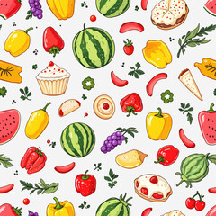 a variety of fruits and desserts, including watermelon, strawberries, grapes, bananas, and a cake, all set against a white background.