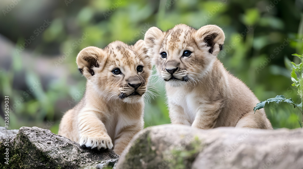 Poster pair of adorable lion cubs playing in lush green forest setting : generative ai