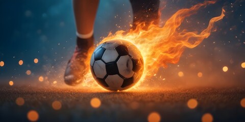 Naklejka premium soccer player legs with A soccer ball on fire with flames and sparks surrounding it, against a blurred blue background with bokeh lights
