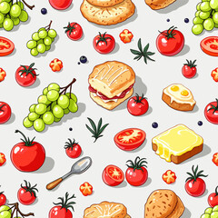 a variety of food items, including grapes, tomatoes, sandwiches, toast, and other baked goods, arranged in a visually appealing and colorful manner.
