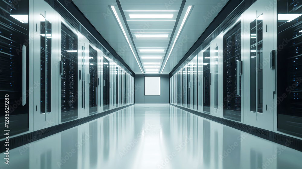 Poster illuminated rows of advanced server equipment in a sleek modern data center showcasing contemporary 